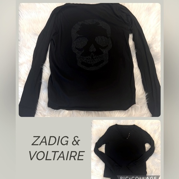 ZADIG & VOLTAIRE Black cotton Henley with matte black rhinestud skull on back S - Picture 1 of 8
